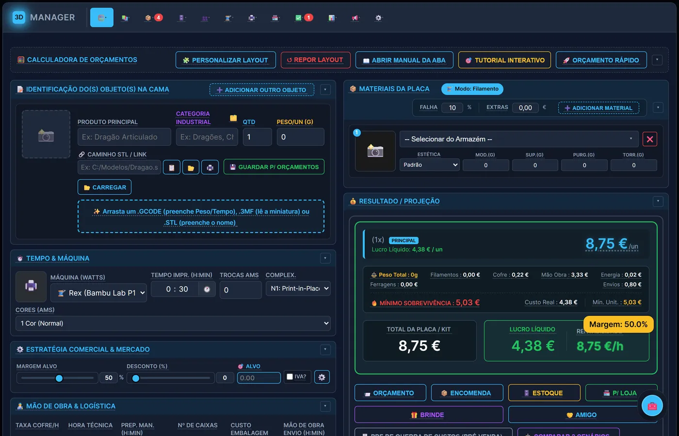 Calculadora de Orçamentos do 3D Manager — custo real e preço mínimo calculados automaticamente